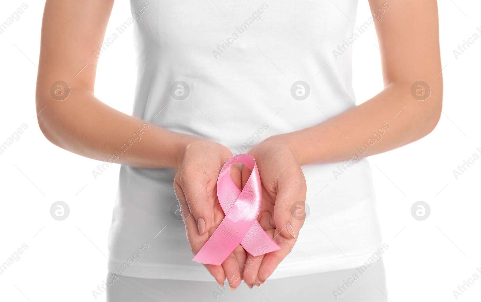 Photo of Young woman with pink ribbon on white background. Gynecology