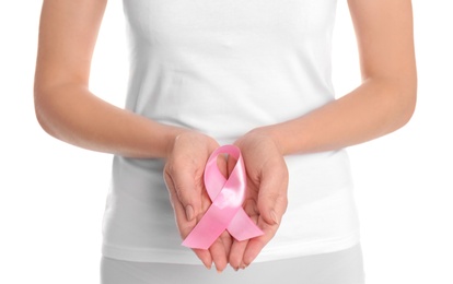 Photo of Young woman with pink ribbon on white background. Gynecology