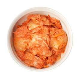 Photo of Bowl of spicy cabbage kimchi isolated on white, top view