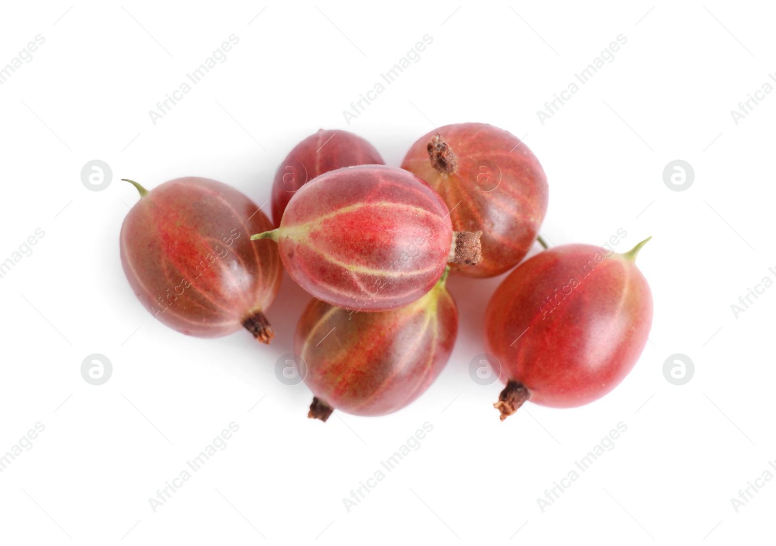 Photo of Pile of fresh ripe gooseberries on white background, top view