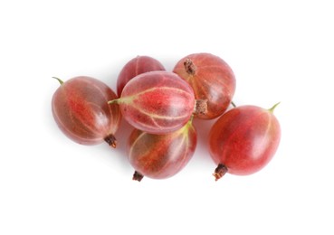 Pile of fresh ripe gooseberries on white background, top view