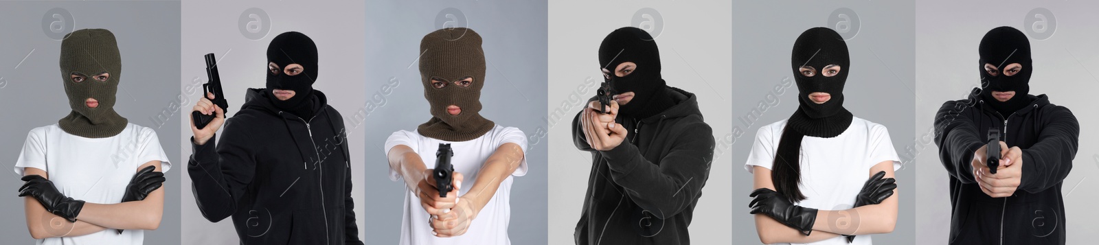 Image of Collage with photos of people in balaclavas on grey background