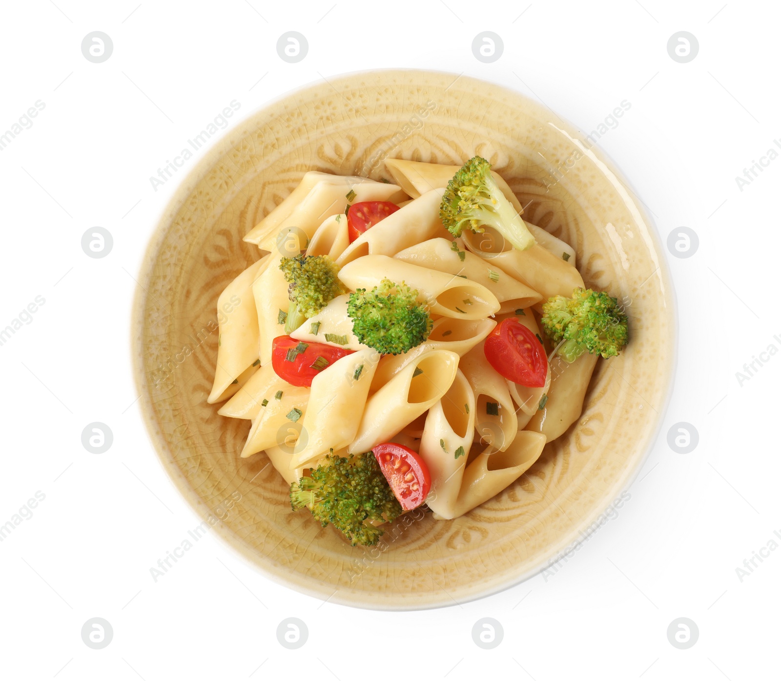 Photo of Tasty pasta with cherry tomatoes and broccoli isolated on white, top view