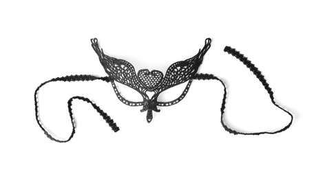 Photo of Black lace mask on white background. Accessory for sexual role play