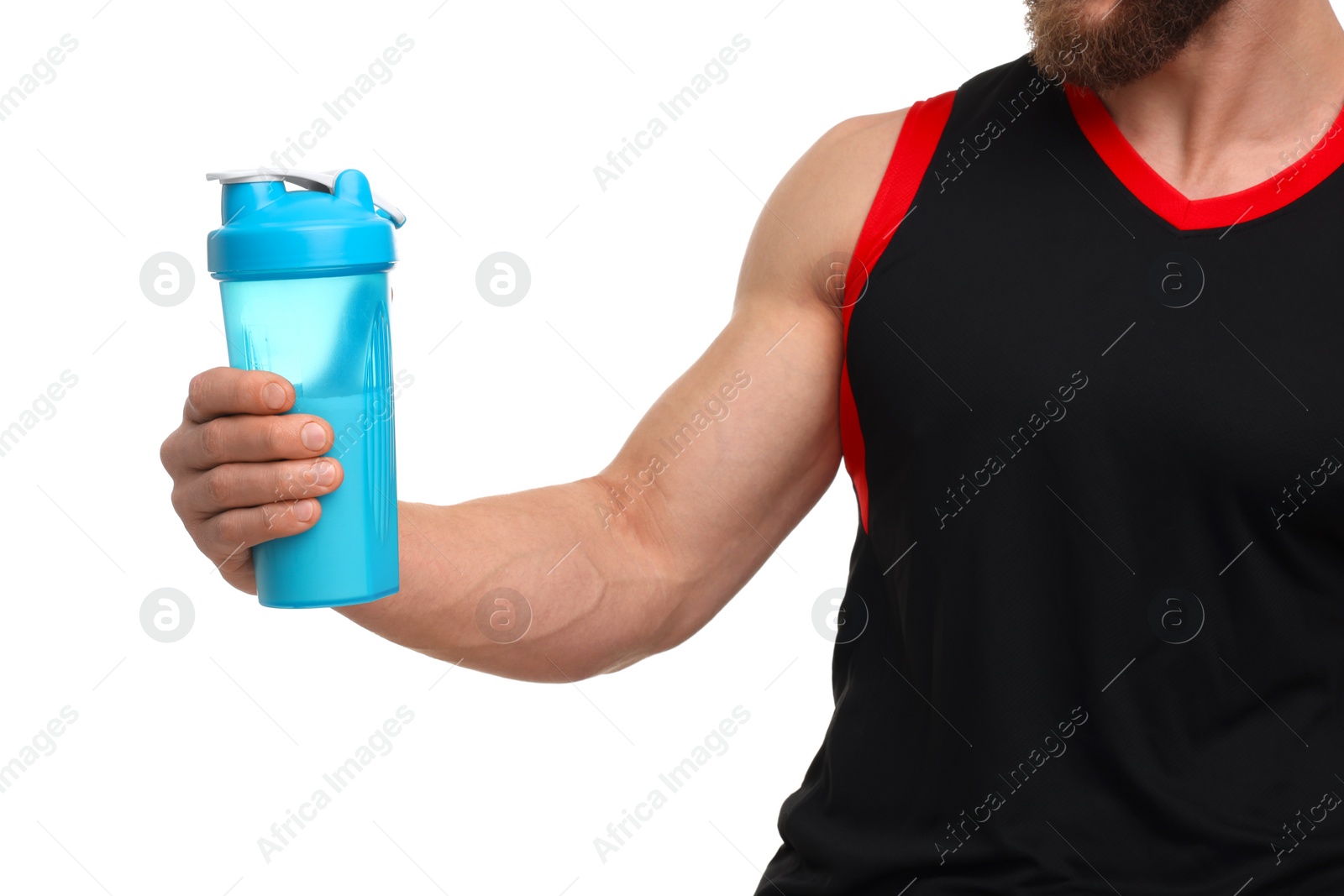 Photo of Young man with muscular body holding shaker of protein on white background, closeup