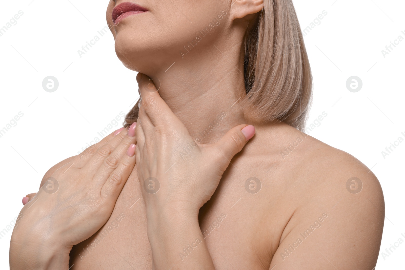 Photo of Woman touching her neck on white background, closeup