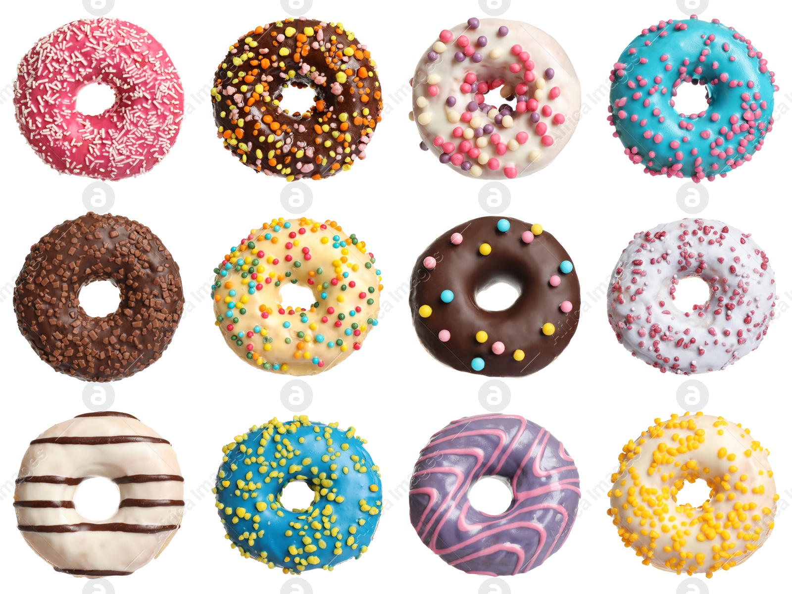 Image of Set with delicious glazed donuts on white background