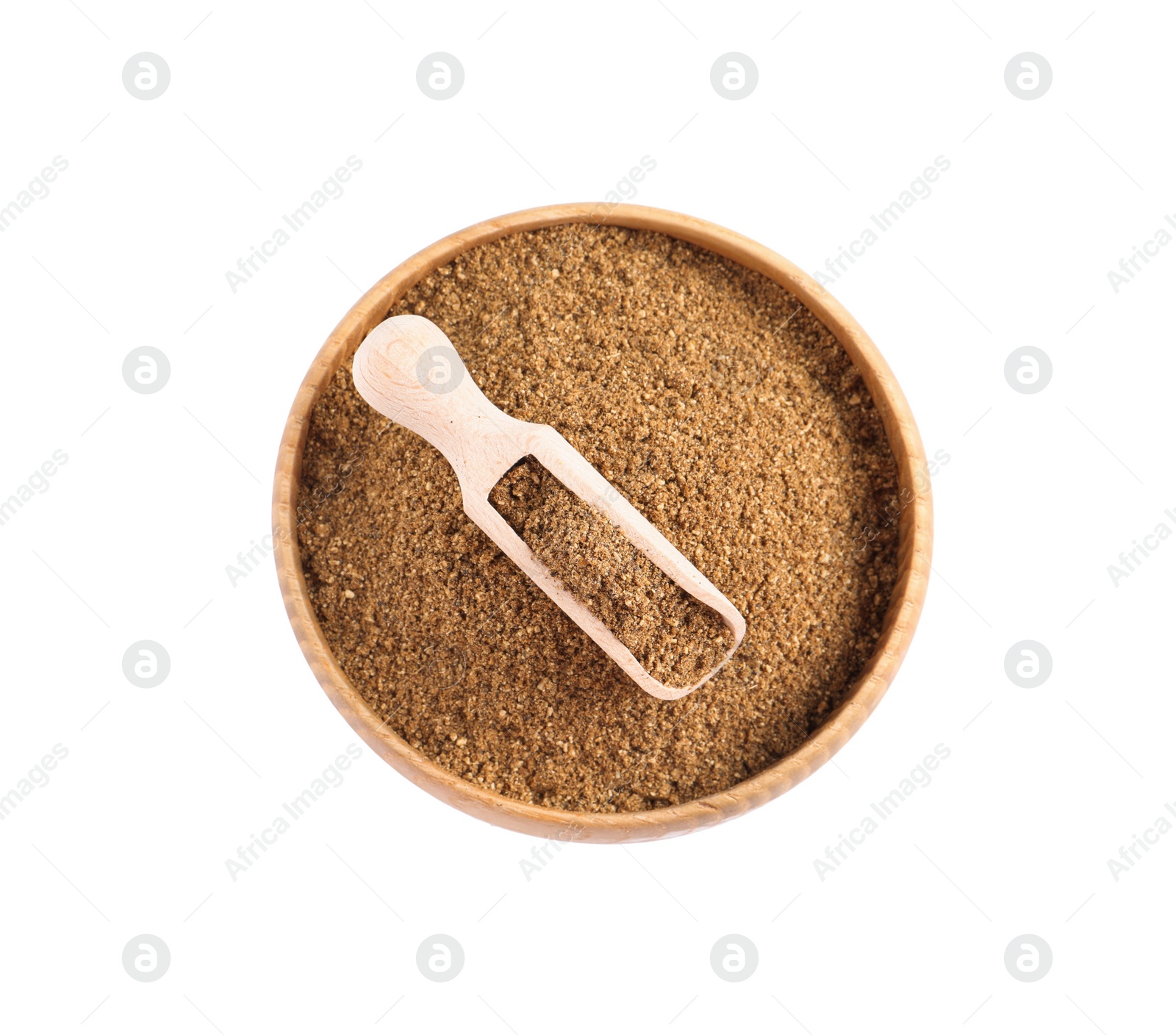 Photo of Bowl of aromatic caraway (Persian cumin) powder and scoop isolated on white, top view