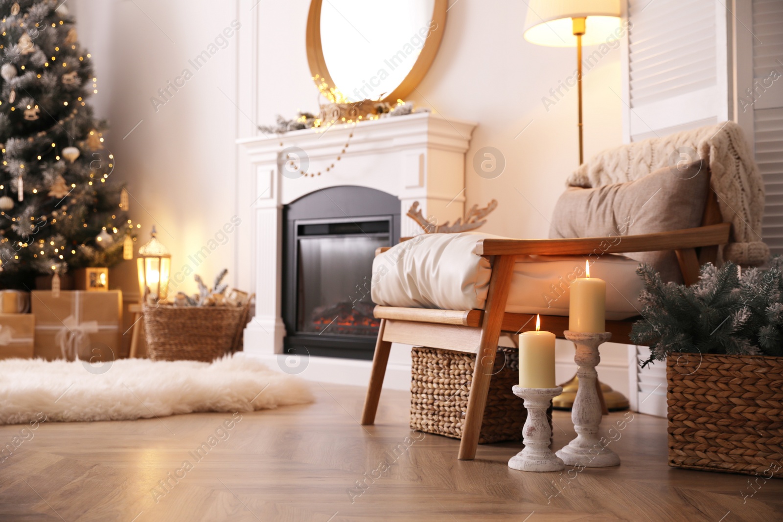Photo of Beautiful room interior with Christmas tree and fireplace