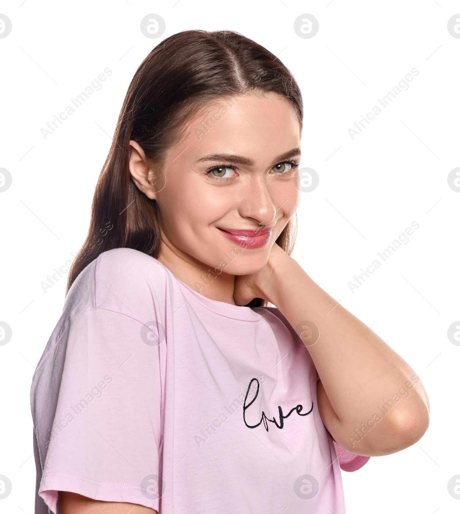 Photo of Embarrassed young woman in shirt on white background