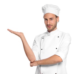 Professional chef wearing uniform on white background