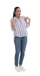 Photo of Shocked woman pointing at herself on white background