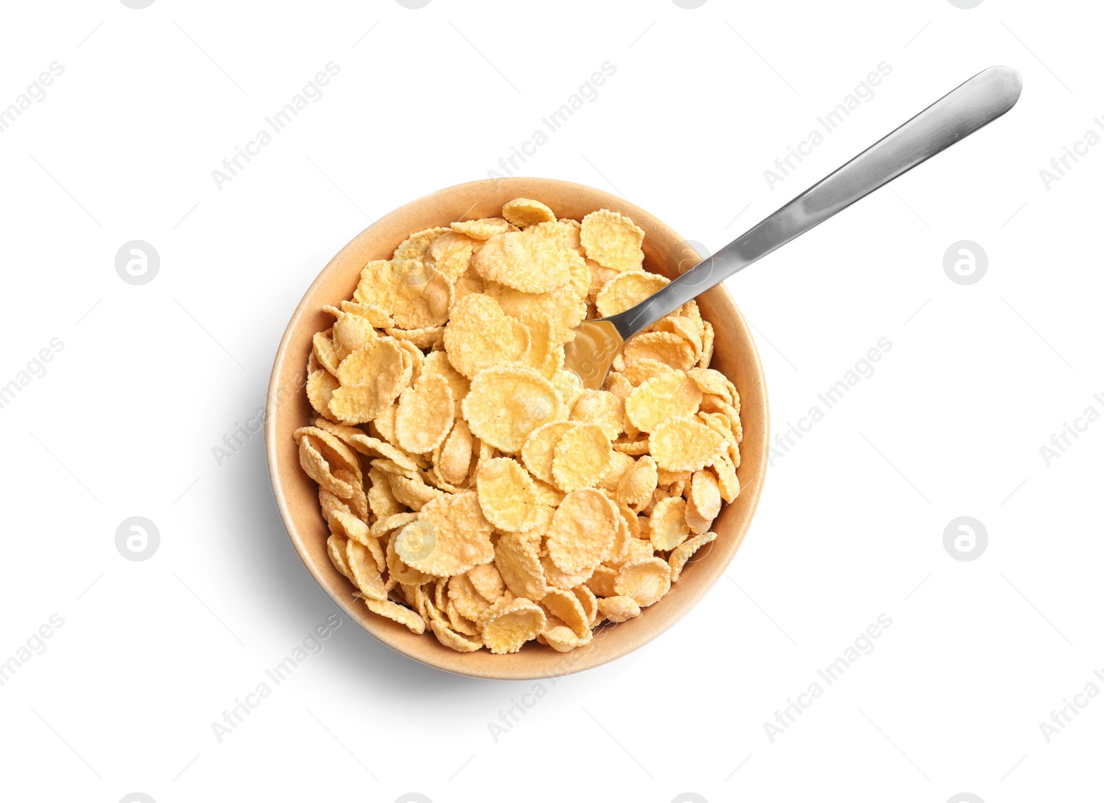 Photo of Bowl with crispy cornflakes on white background, top view