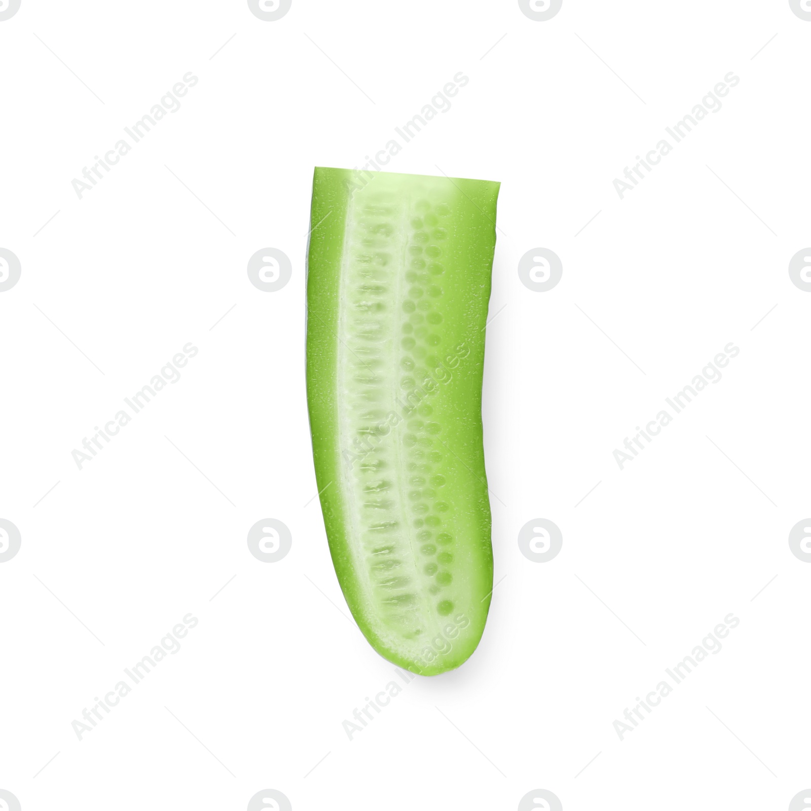 Photo of Piece of fresh green cucumber isolated on white, top view