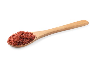 Photo of Dried cranberry powder in wooden spoon isolated on white