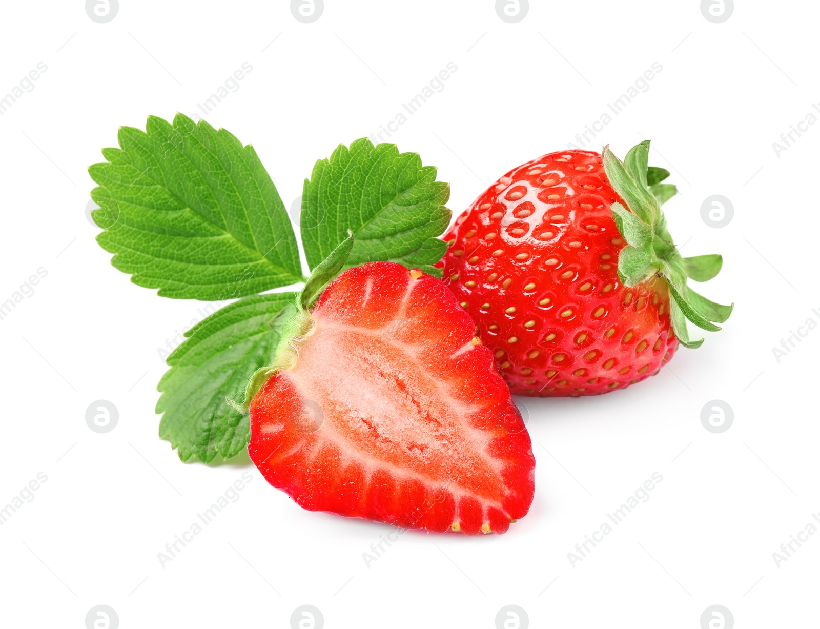 Photo of Delicious fresh red strawberries and green leaf on white background