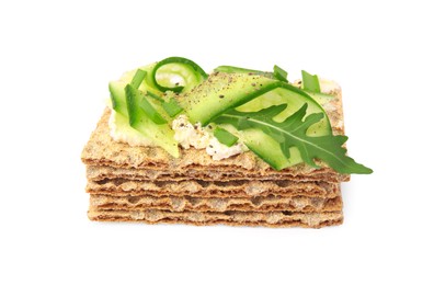 Photo of Fresh crunchy crispbreads with cream cheese, cucumber, green onion and arugula isolated on white