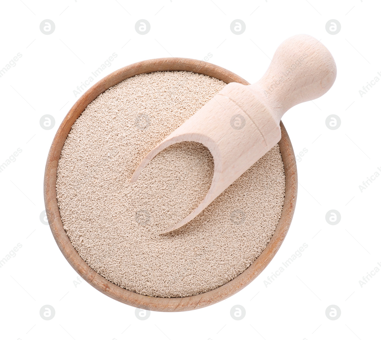 Photo of Bowl and scoop with active dry yeast isolated on white, top view