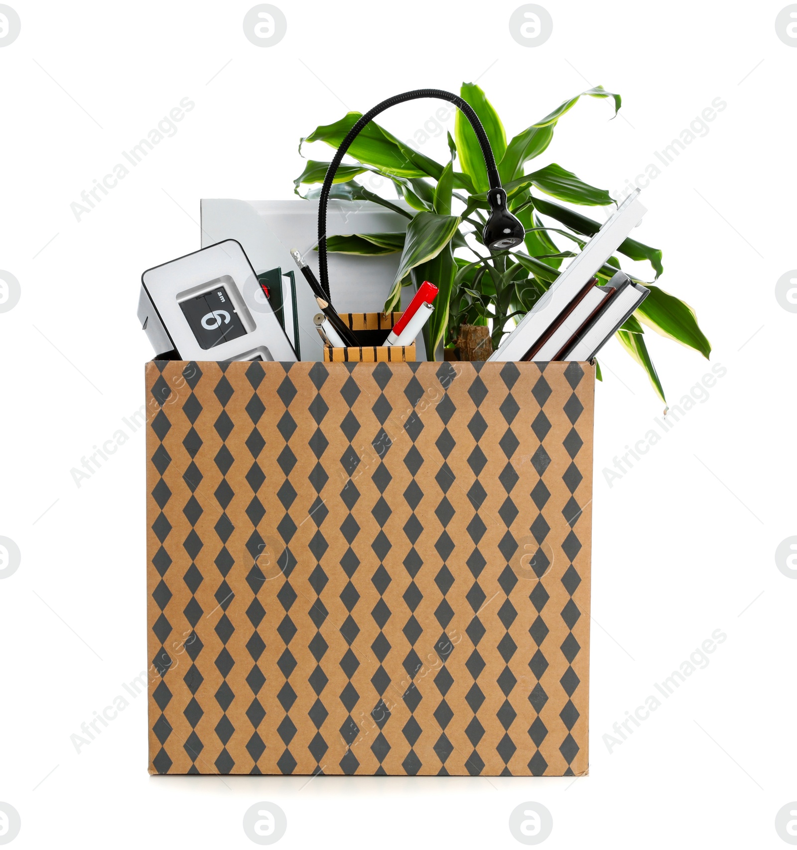 Photo of Moving box with stuff isolated on white. Work promotion concept