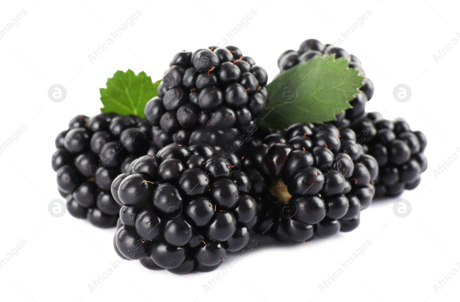 Photo of Tasty ripe blackberries and leaves on white background