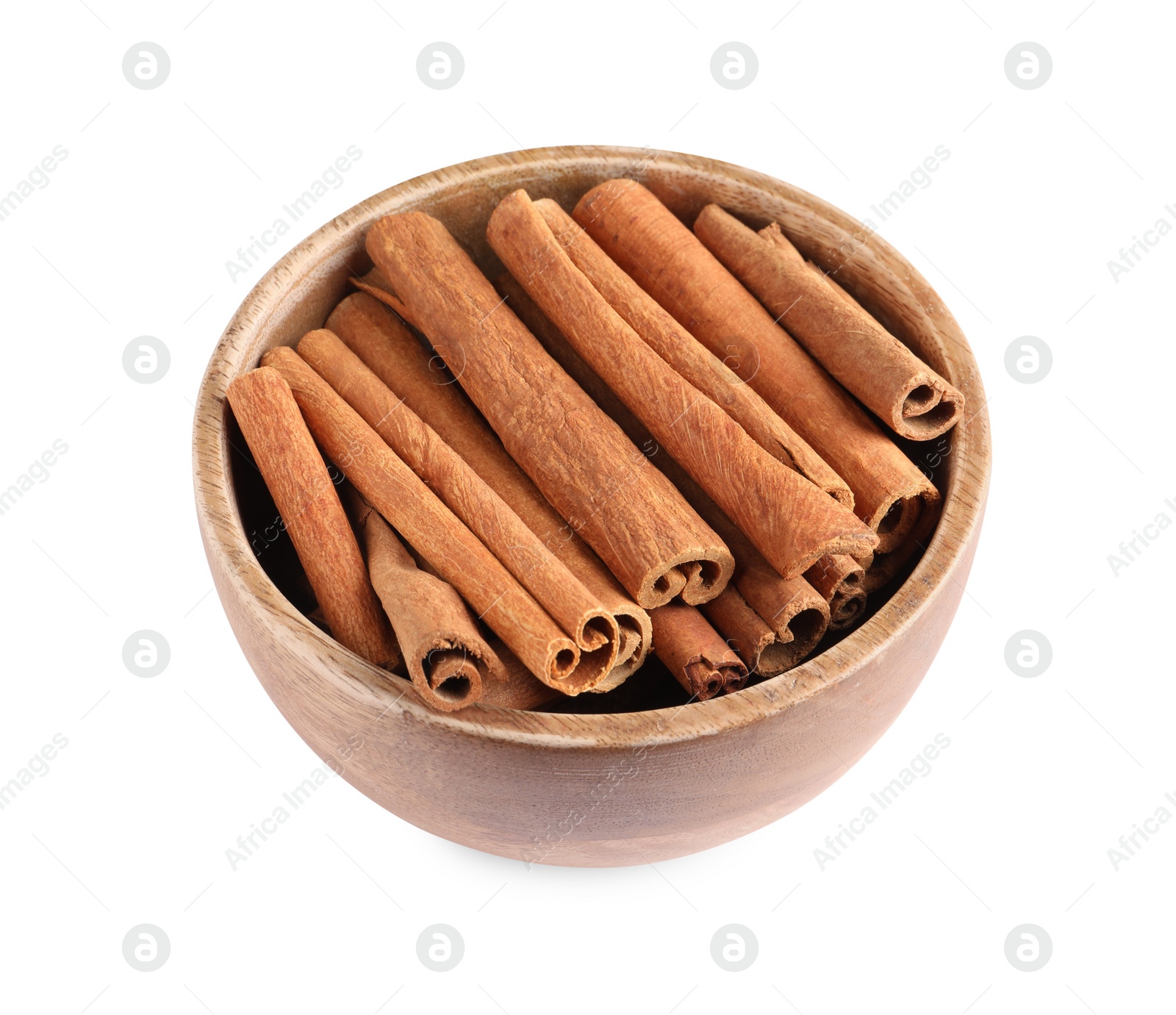 Photo of Cinnamon sticks in bowl isolated on white