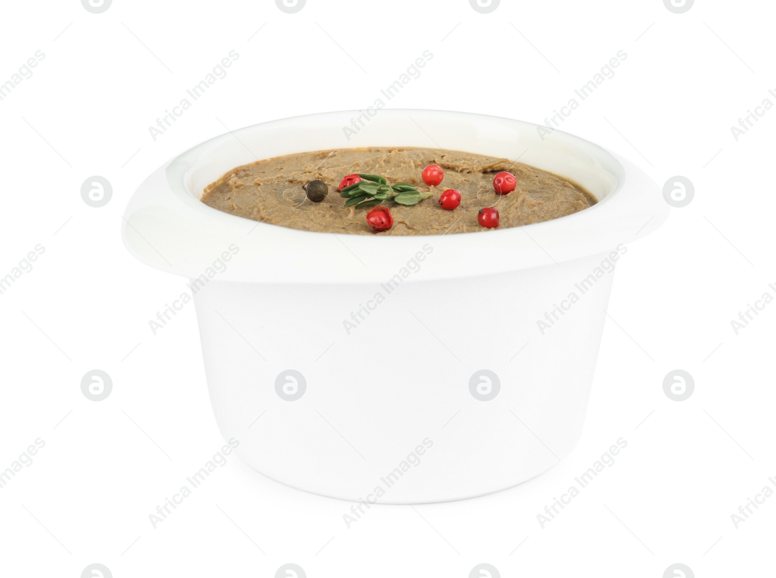 Photo of Tasty liver pate with pepper in bowl isolated on white