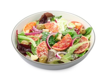 Photo of Bowl of delicious sicilian orange salad isolated on white
