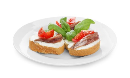 Photo of Delicious sandwiches with cream cheese, anchovies, tomatoes and basil on white background