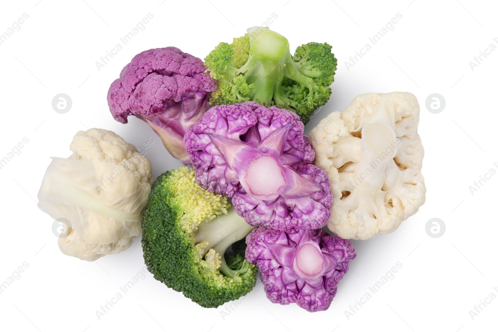 Photo of Heap of various cauliflower cabbages on white background, top view