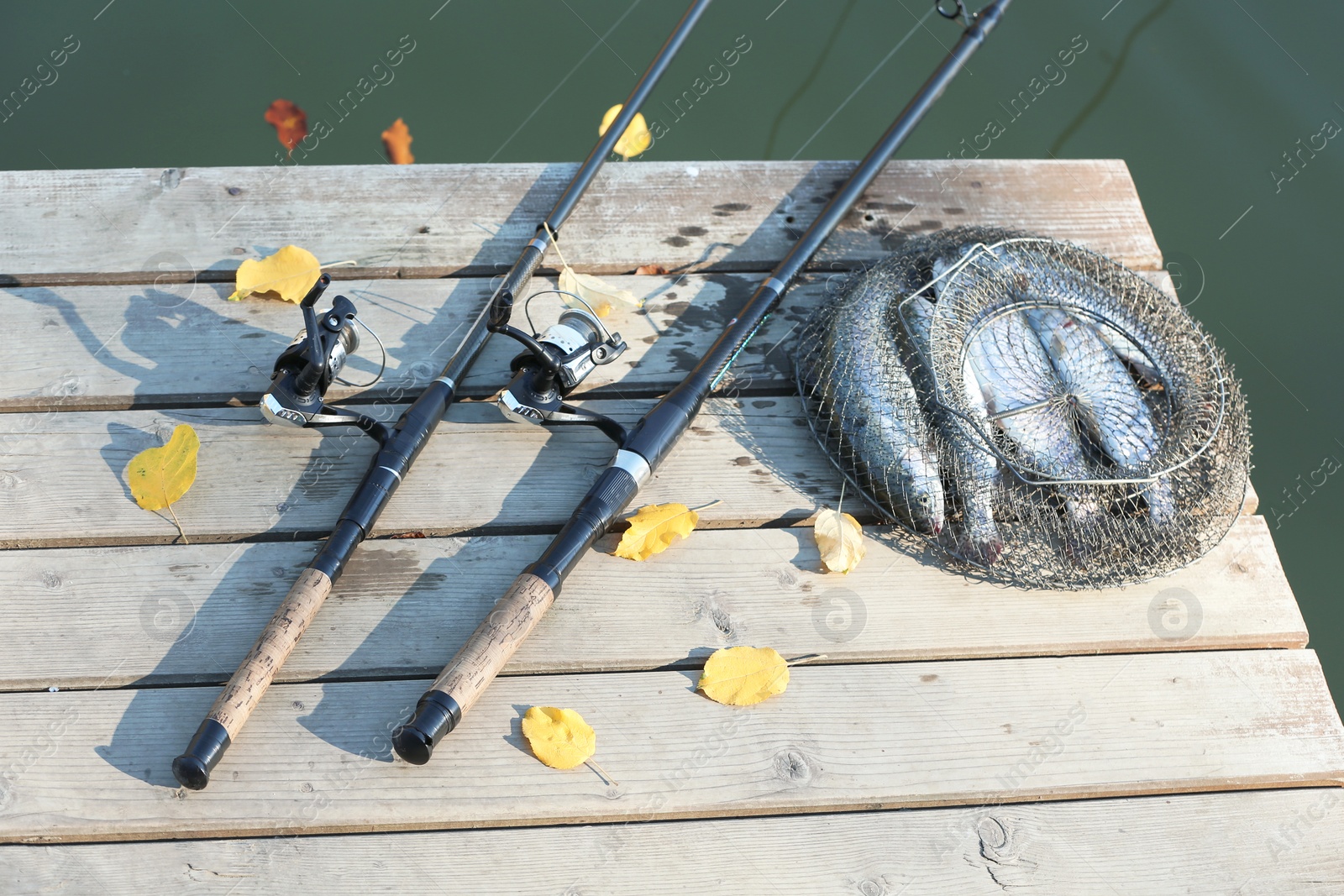 Photo of Fishing rods and fresh fish on wooden pier near pond