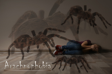 Image of Arachnophobia concept. Double exposure of scared little girl and spiders