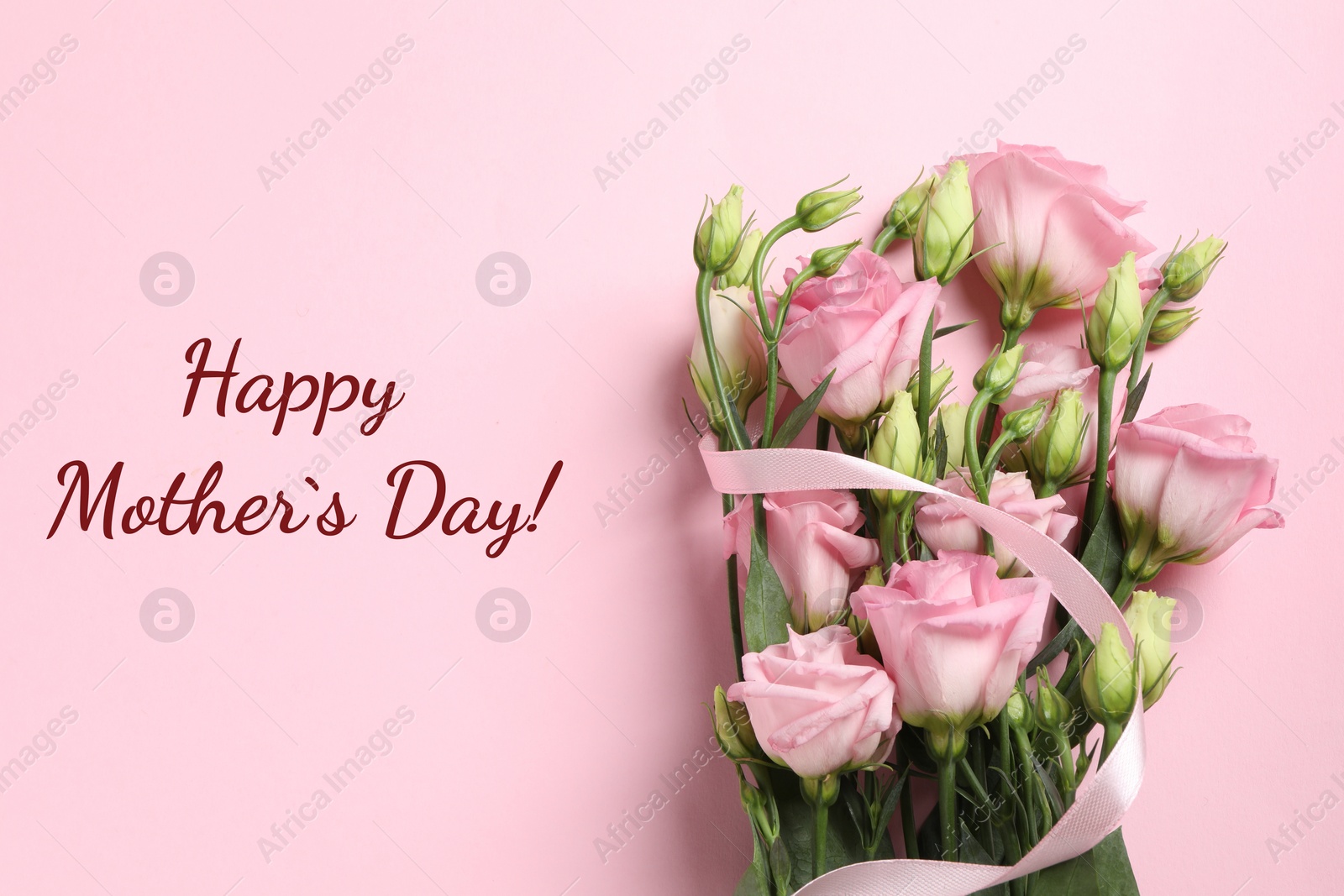Image of Happy Mother's Day greeting card. Bouquet of beautiful flowers on pink background