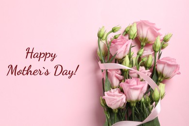 Happy Mother's Day greeting card. Bouquet of beautiful flowers on pink background