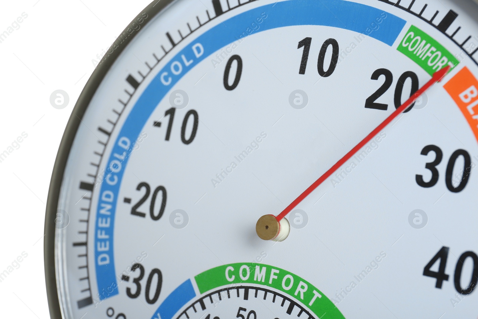 Photo of Round mechanical hygrometer on white background, closeup. Meteorological tool