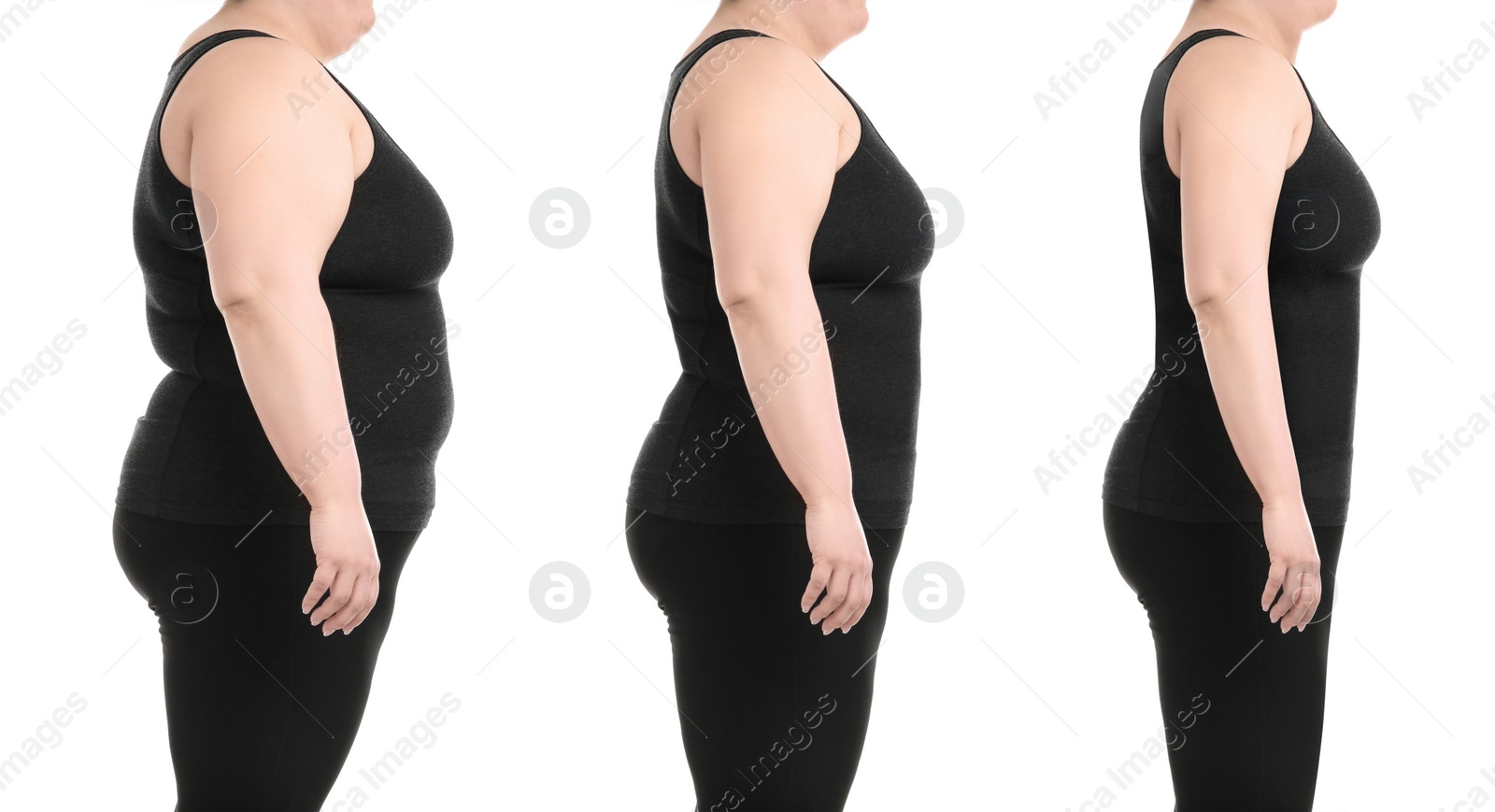 Image of Woman before and after weight loss on white background, collage