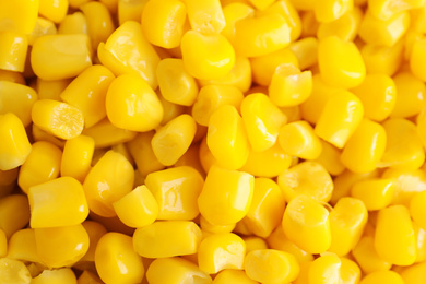 Delicious canned corn kernels as background, closeup