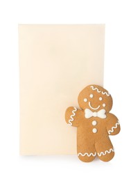 Scented sachet and gingerbread man on white background