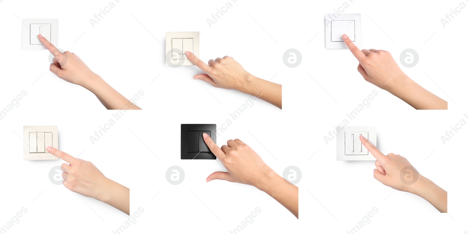 Image of Collage with photos of women pressing light switches on white background, closeup. Banner design