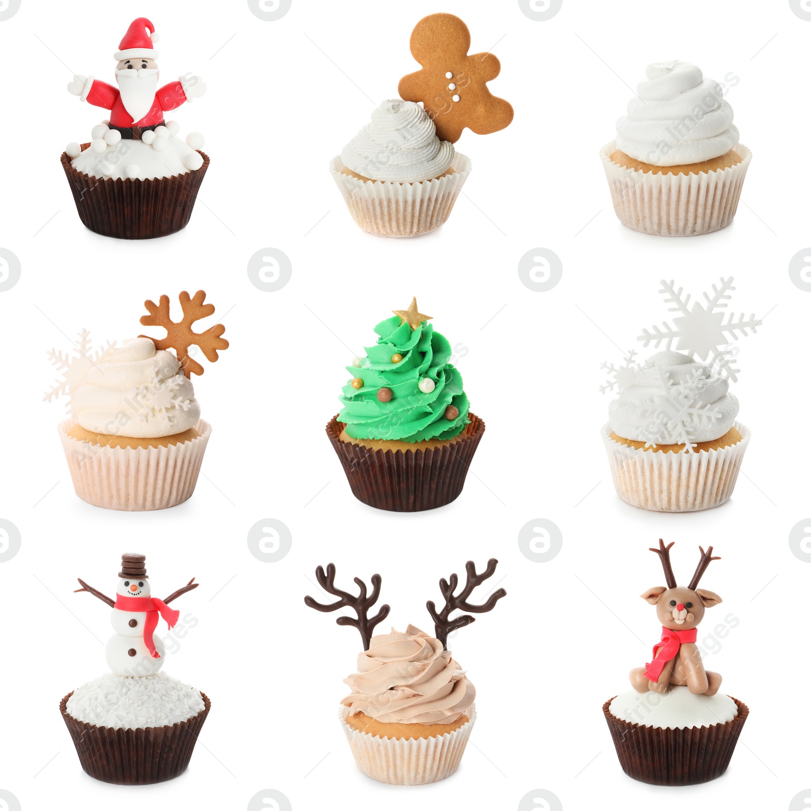 Image of Tasty cupcakes with Christmas decor on white background, collage