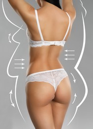 Image of Slim young woman after weight loss on light grey background, back view 