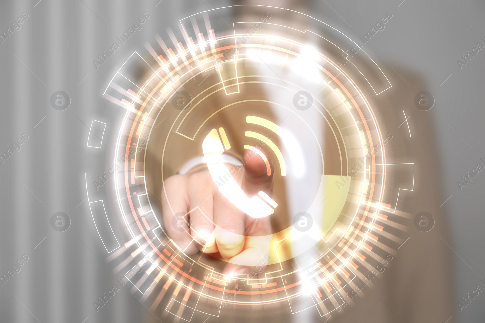 Hotline service. Woman pointing at virtual icon with telephone symbol, closeup Image of Hotline service. Woman pointing at virtual icon with telephone symbol, closeup