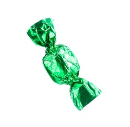 Tasty candy in green wrapper isolated on white