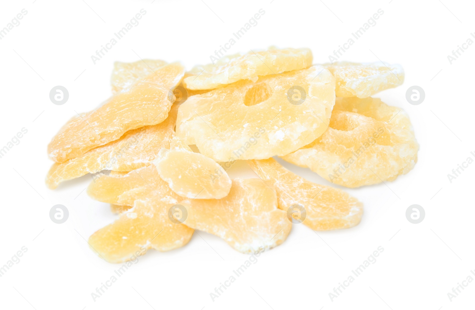 Photo of Tasty dried pineapple on white background. Healthy snack