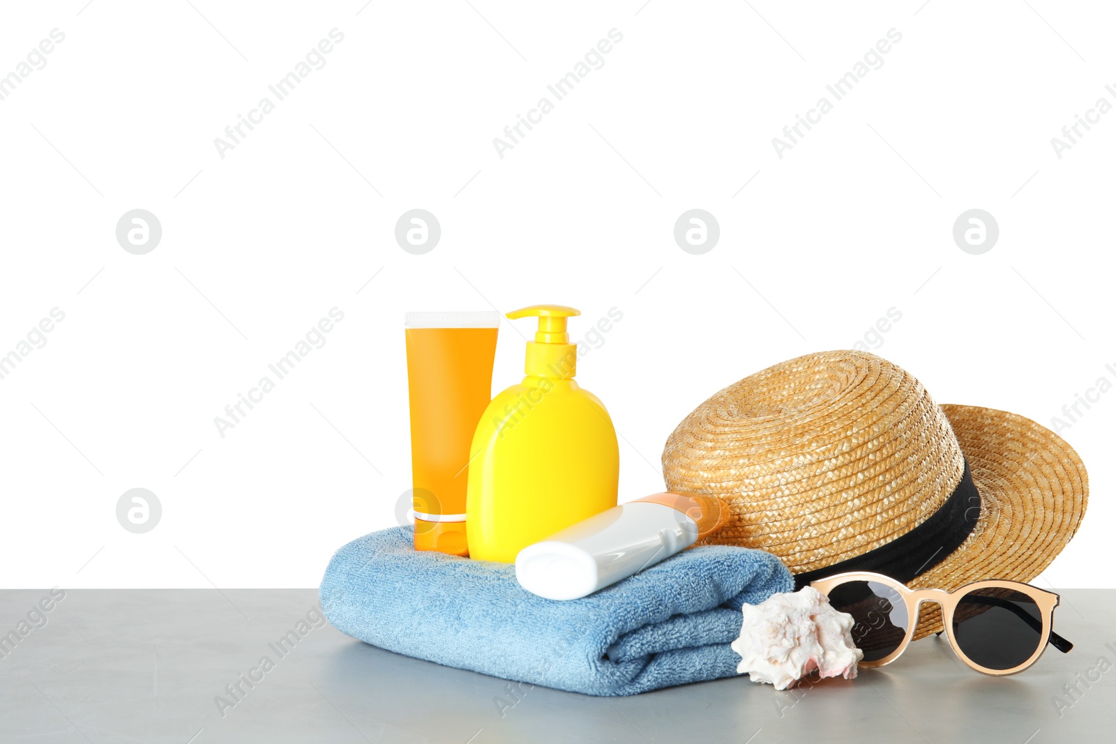 Photo of Composition with sun protection products on white background. Body care