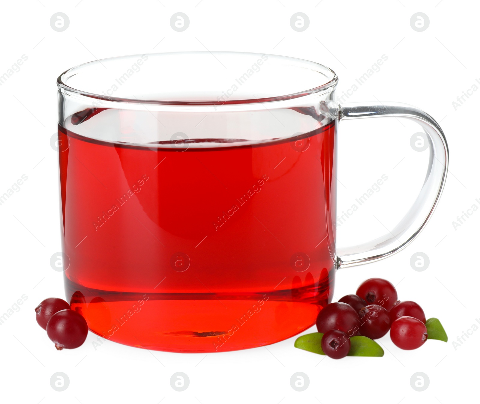 Photo of Cup of delicious cranberry tea and berries isolated on white