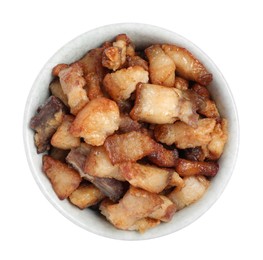 Tasty fried cracklings in bowl on white background, top view. Cooked pork lard