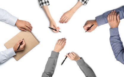 Image of Collage with photos of people holding pens and notepad on white background