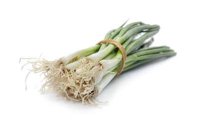 Photo of Tied fresh green onion on white background