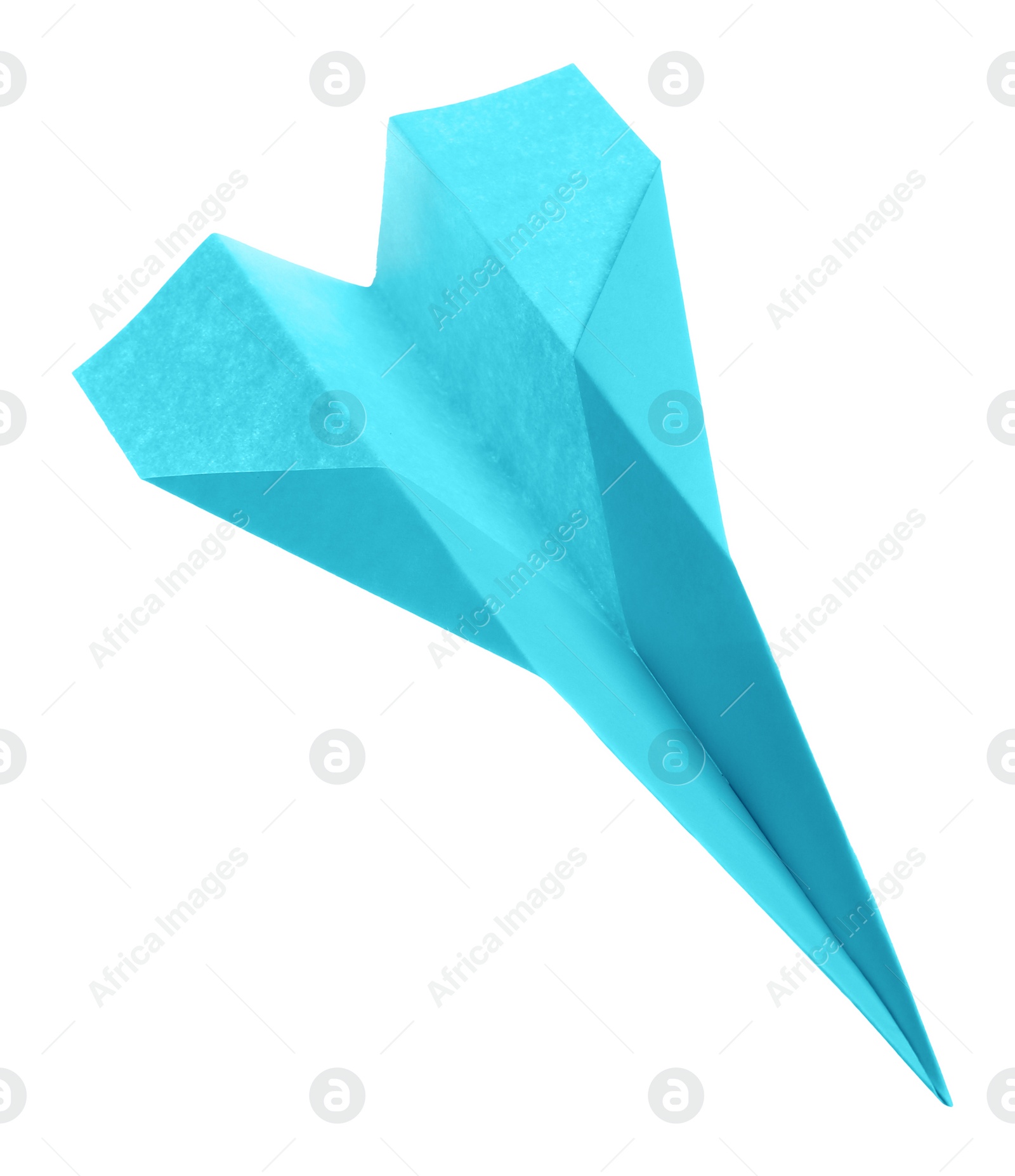 Photo of Handmade light blue paper plane isolated on white