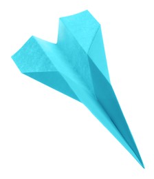 Photo of Handmade light blue paper plane isolated on white